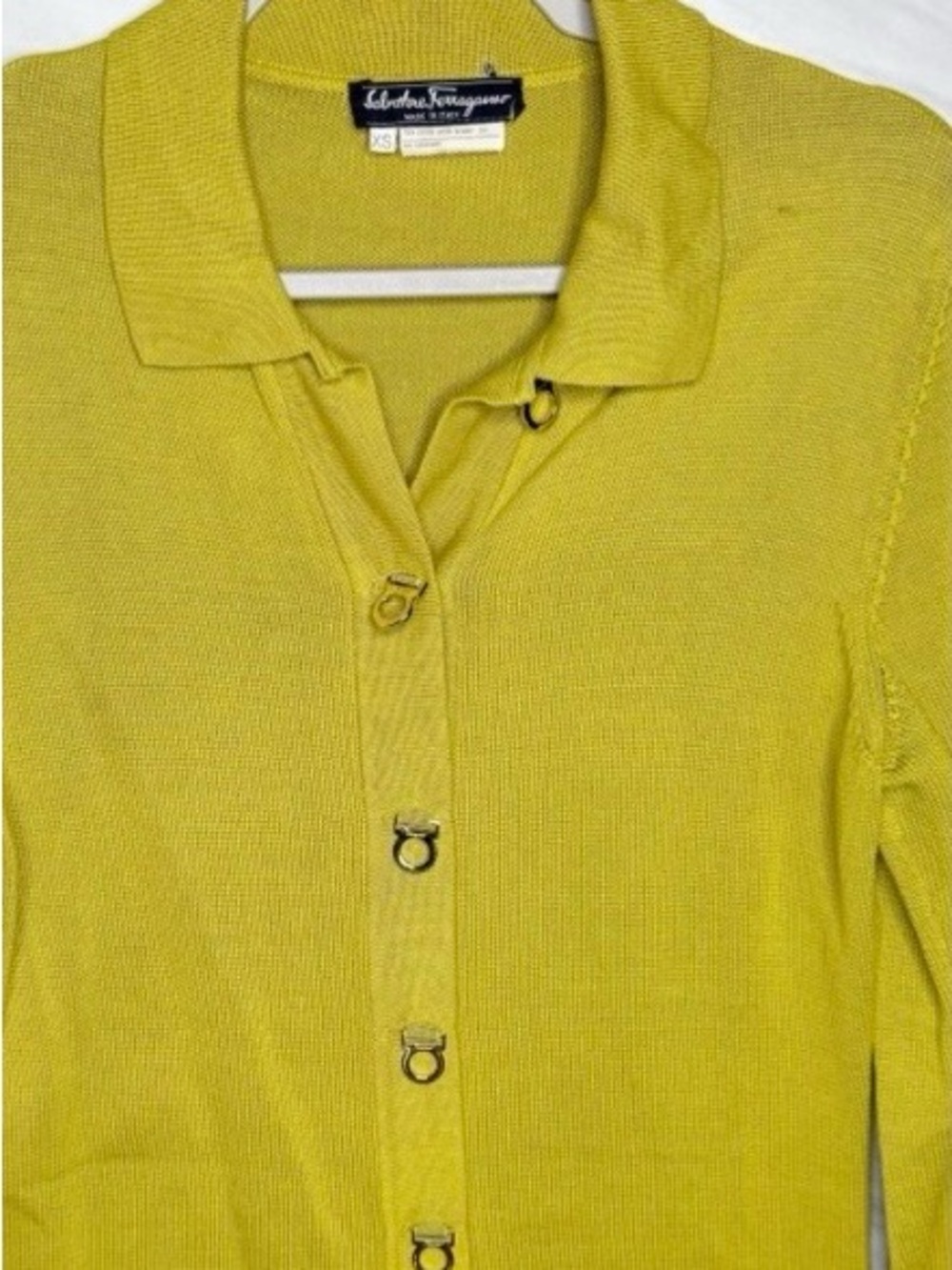 Salvatore Ferragamo Lime Yellow Button-Down Knit Top